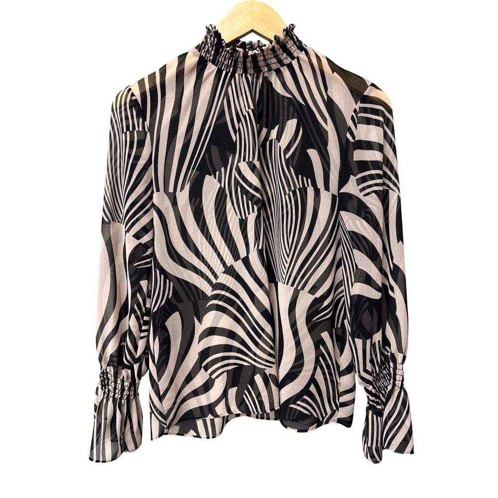 MISA Los Angeles Blouse Women‎ XS Black Pink Zebra Print Sheer Smocked Cuff Top